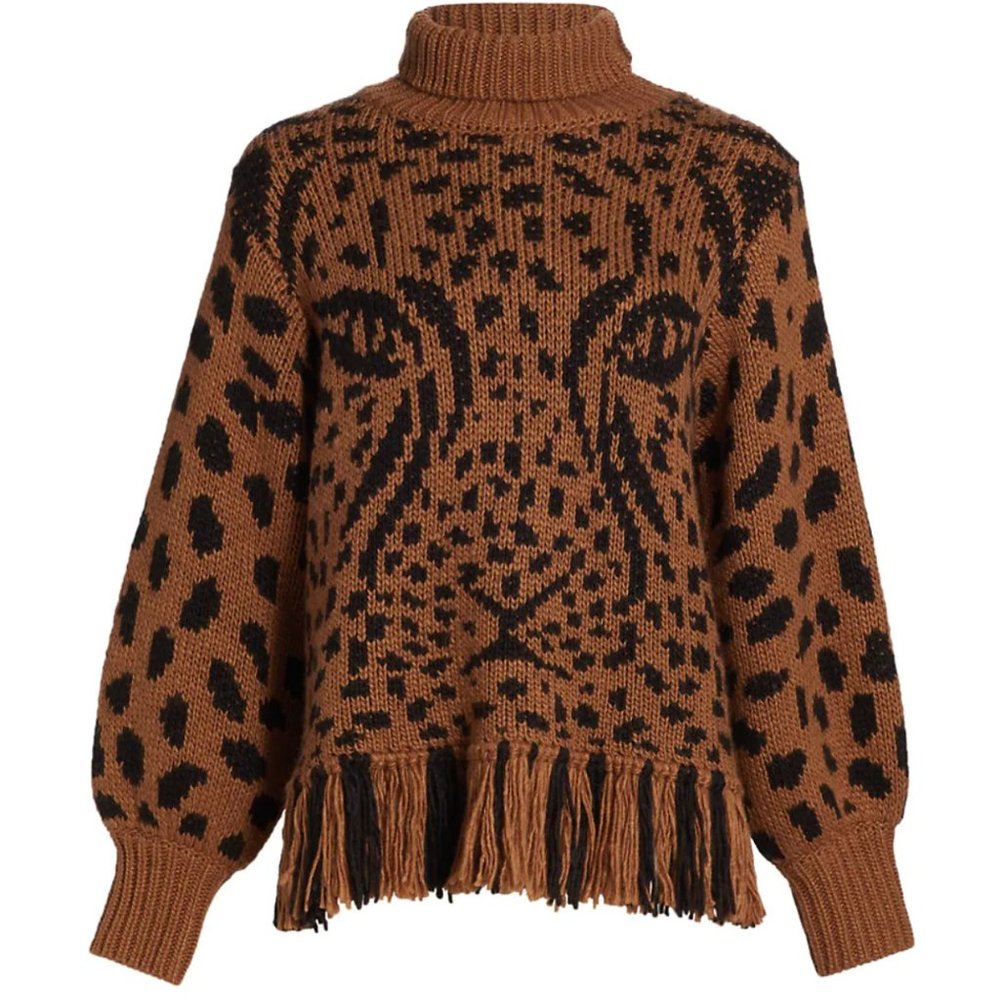 Farm Rio Leopard Fringe Sweater S Turtleneck Pullover Brown Black Knit Wool New